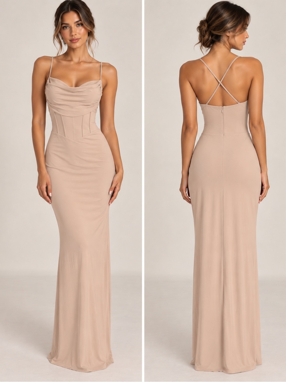 NWT Windsor Taupe Cowl Neck Corset Maxi Dress XS